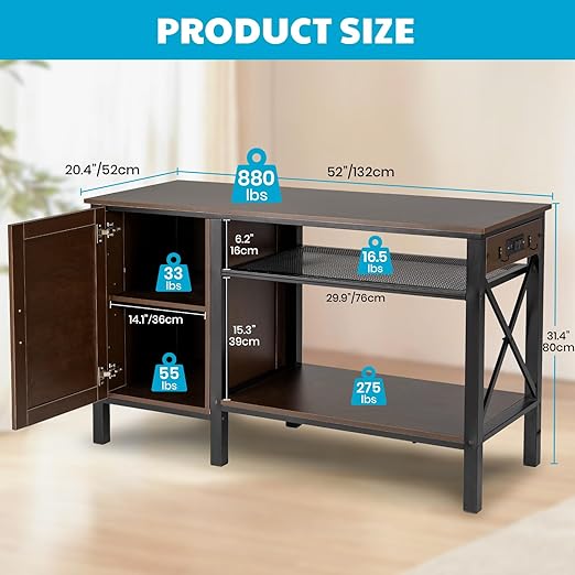 55-75 Gallon Fish Tank Stand - Heavy Duty Aquarium Stand with Power Outlets, Cabinet for Fish Tank Accessories Storage, Metal Frame, Suitable for Fish Tank, Turtle Tank, 880LBS Capacity, Brown