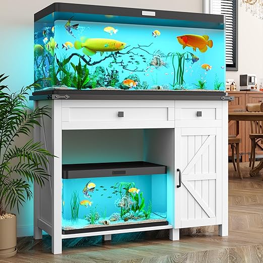 40 Gallon Fish Tank Stand with Power Outlets, Farmhouse Decorative Aquarium Stand Furniture with Adjustable Shelves and Drawer, Reptile Turtle Tank Stand with Cabinet Storage (White, 30-40GL)